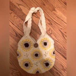 Vintage 70s Macrame Purse - Hippie Flower Design / White/yellow/brown - Unique